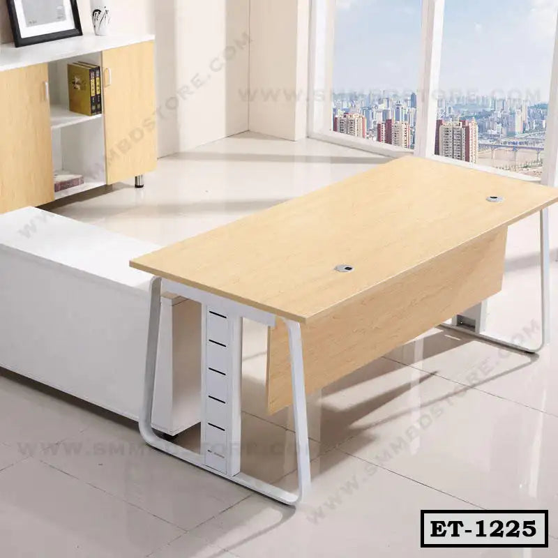 Modern executive office table with wood finish and white metal legs in a bright office setting