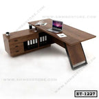 Modern executive office table with shelves and drawers, wooden finish, L-shaped design