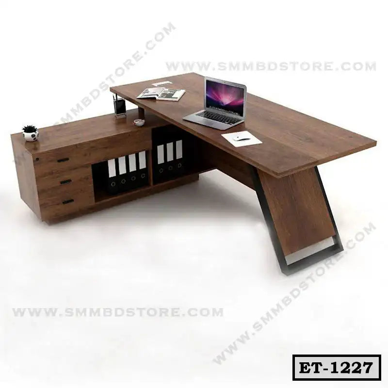 Modern executive office table with shelves and drawers, wooden finish, L-shaped design