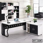 Modern executive office table with storage, black and white finish, in a bright workspace