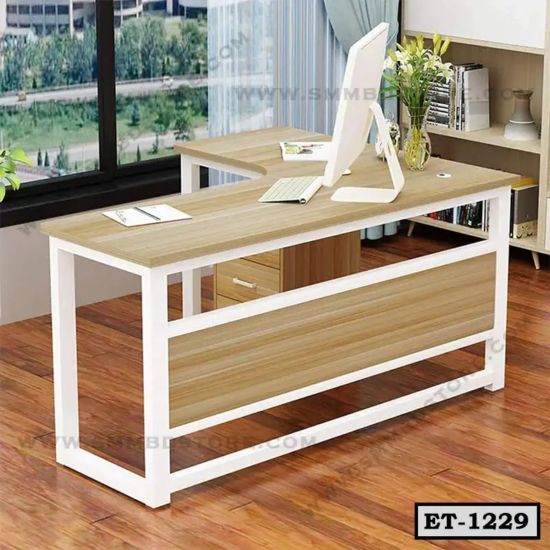 Modern executive office table with wood finish, white frame, and computer setup by a window. Main image
