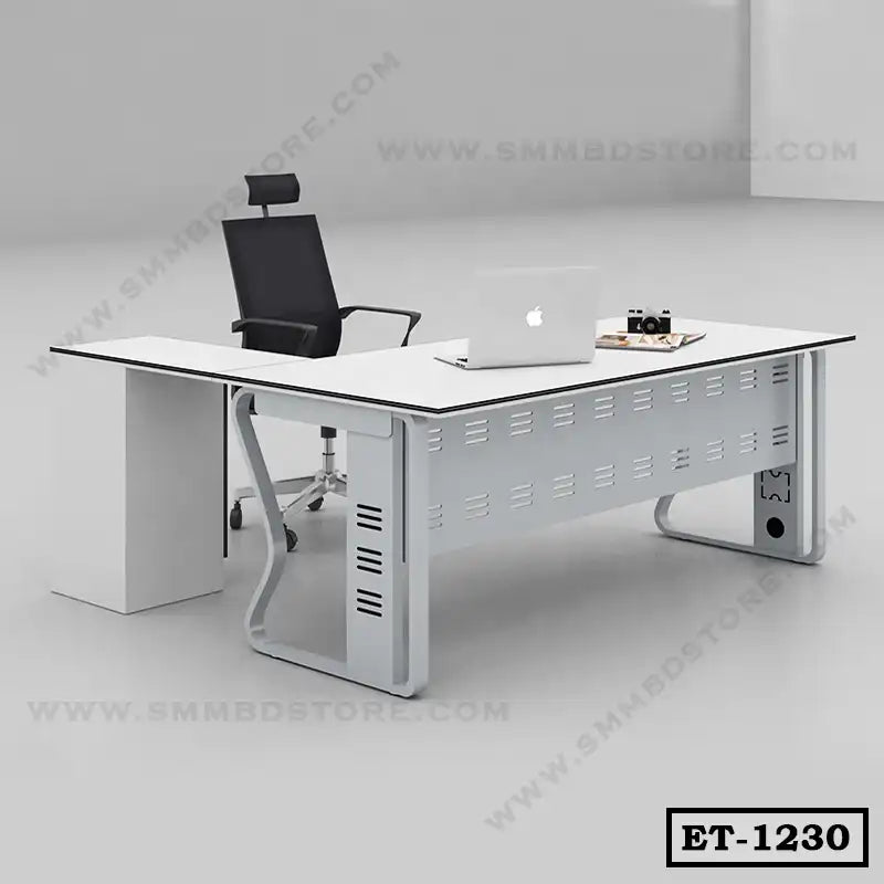 Modern executive office table with white surface, black office chair, and workspace accessories Main image