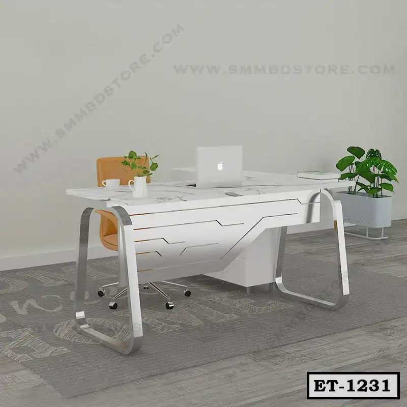 Modern white executive office table with metal legs, swivel chair, and indoor plants Main image