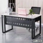 Modern executive office table with metal frame and white top, paired with a black office chair