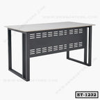 Modern executive office table with metal frame and light-colored top, ideal for workspace.