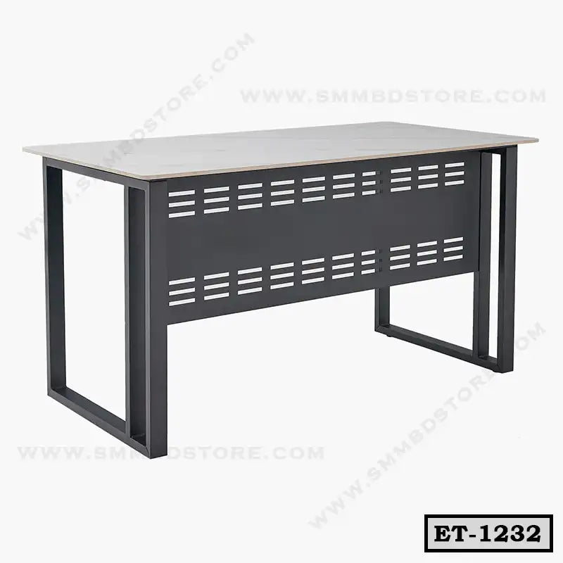 Modern executive office table with metal frame and light-colored top, ideal for workspace.