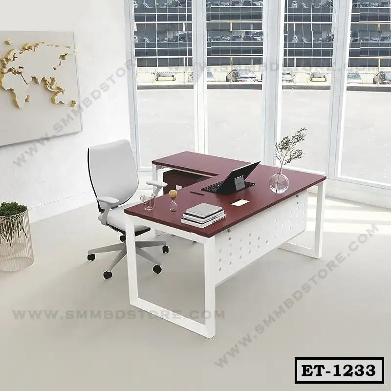 Modern executive office table with white frame, wooden top, and ergonomic chair in bright workspace Main image