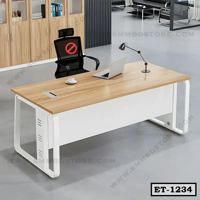 Modern executive office table with light wood top, white base, office chair, and workspace accessories Main image