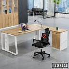Modern executive office table with side cabinet, ergonomic chair, and minimalist workspace