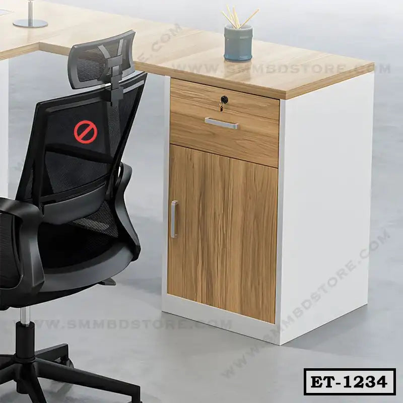 Modern executive office table with wood finish and storage cabinet, black mesh chair