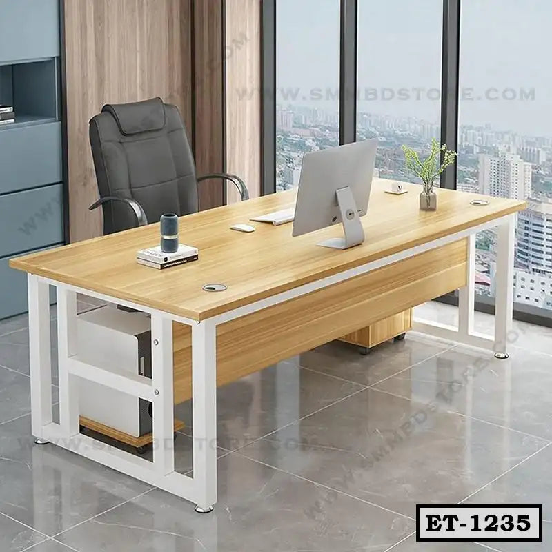 Modern executive office table with wooden top, white metal frame, chair, and city view
