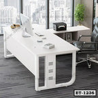 Modern white executive office table with computer, printer, and chair in a city view office