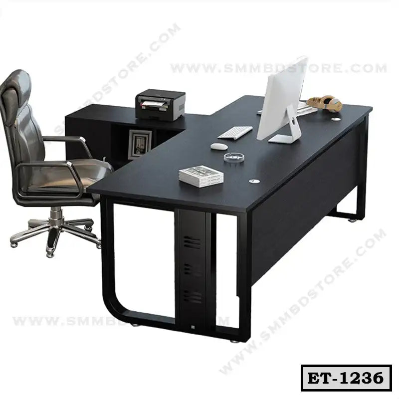 Modern executive office table with computer, printer, and ergonomic chair