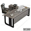 Modern executive office desk with black frame, ergonomic chair, and storage cabinet