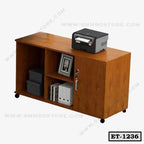 Wooden executive office table with open shelves, storage cabinet, and printer on top