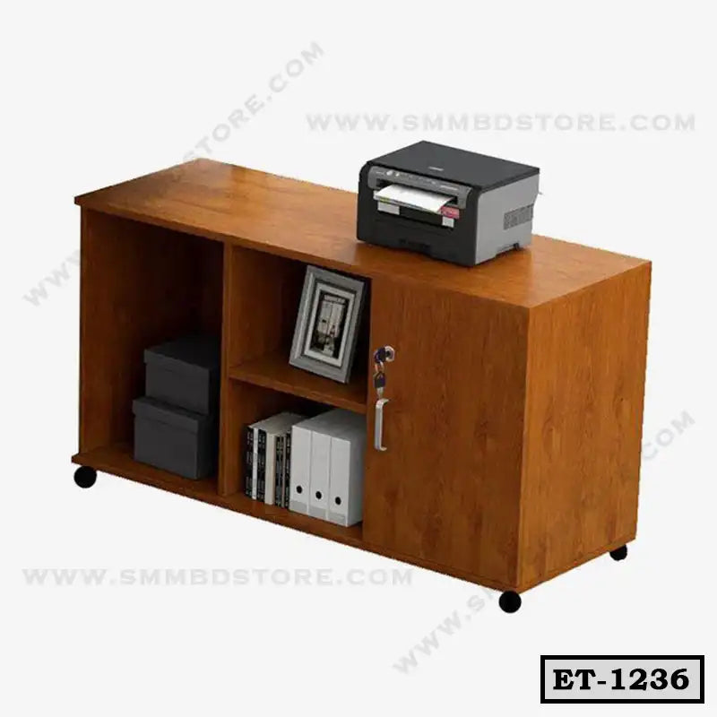 Wooden executive office table with open shelves, storage cabinet, and printer on top
