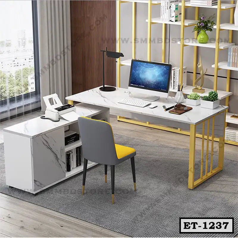 Modern executive office table with marble finish, gold legs, and ergonomic chair in workspace