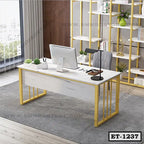 Modern executive office table with gold frame and white marble top in a stylish workspace