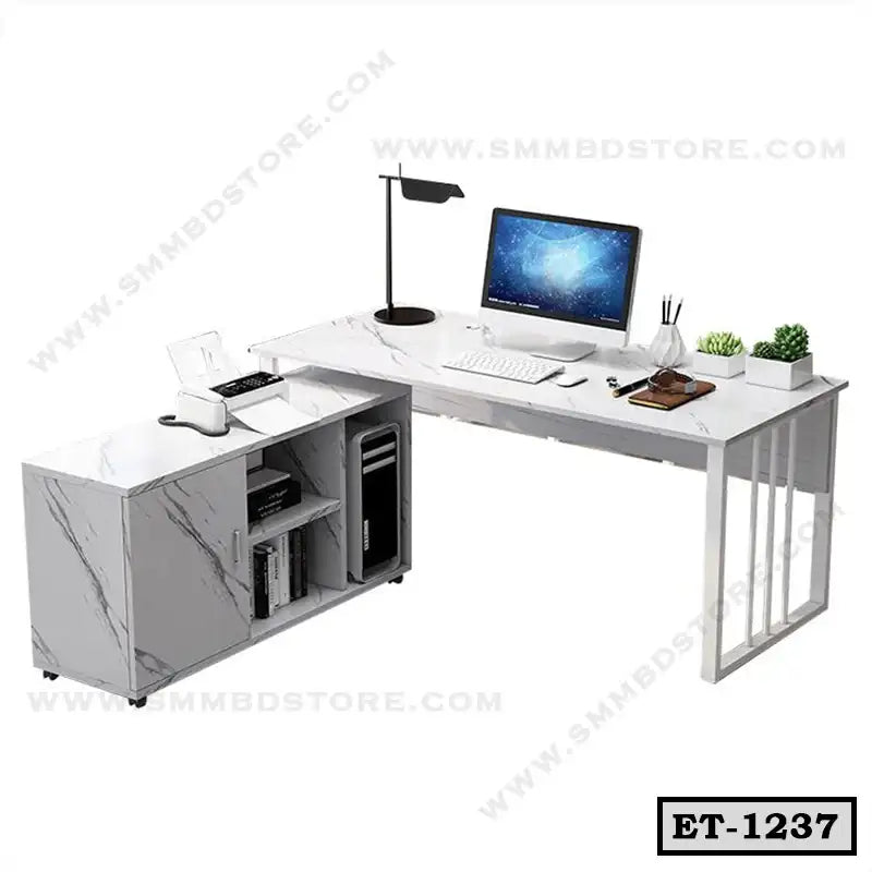 Modern marble finish executive L-shaped office table with storage, computer, and desk accessories.