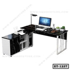 Modern black marble executive table with storage shelves, office desk setup with computer and decor