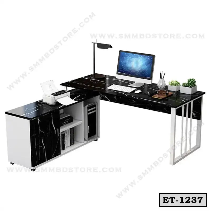 Modern black marble executive table with storage shelves, office desk setup with computer and decor
