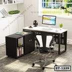Modern executive office table with storage shelves, swivel chair, and computer setup by window