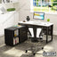 Modern executive office table with storage shelves, swivel chair, and computer setup by window