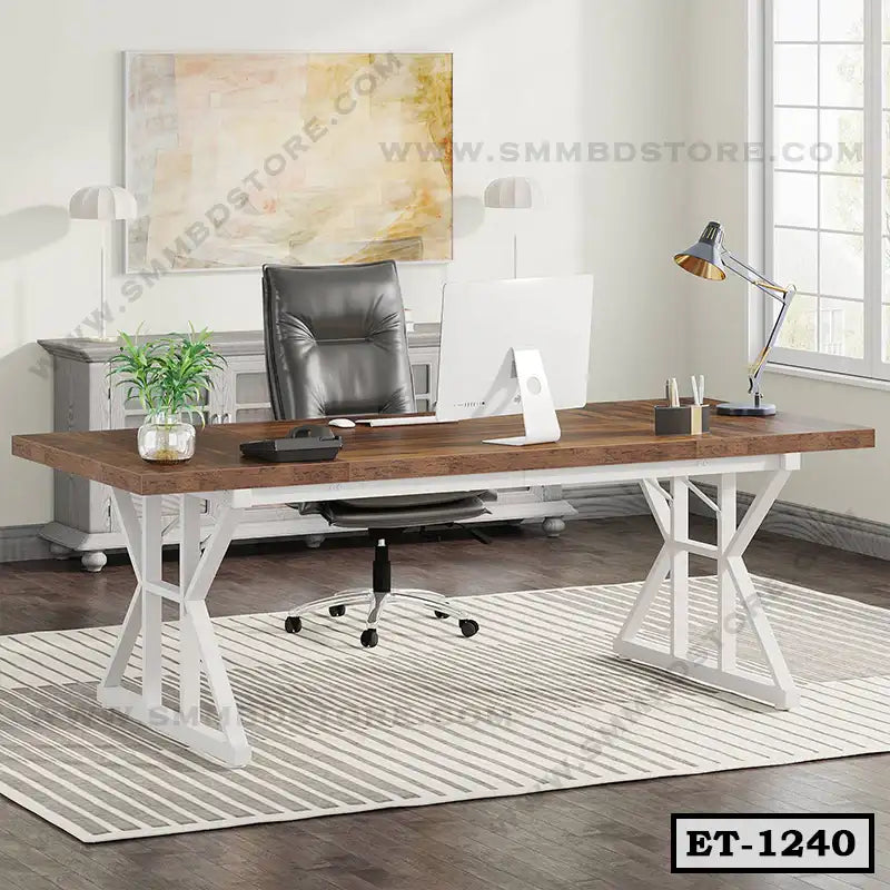 Modern executive office table with wooden top and white metal base, desk accessories, and chair Main image