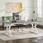 Modern executive office table with wood top, white metal legs, and ergonomic chair in bright workspace