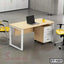 Modern executive office table with drawers, laptop, and yellow chairs in workspace