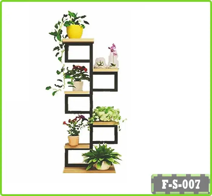 6-tier iron plant stand with potted flowers and modern black frame design