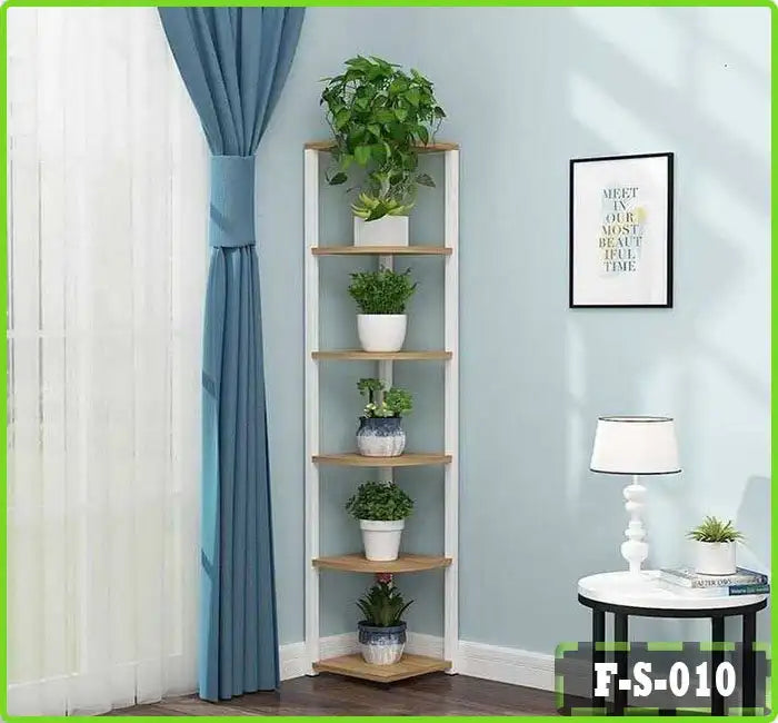 Wooden corner flower rack with potted plants for living room or indoor decor Main image