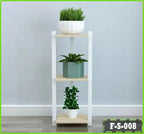 Three-tier wooden flower rack with potted plants for living room decor against grey wall