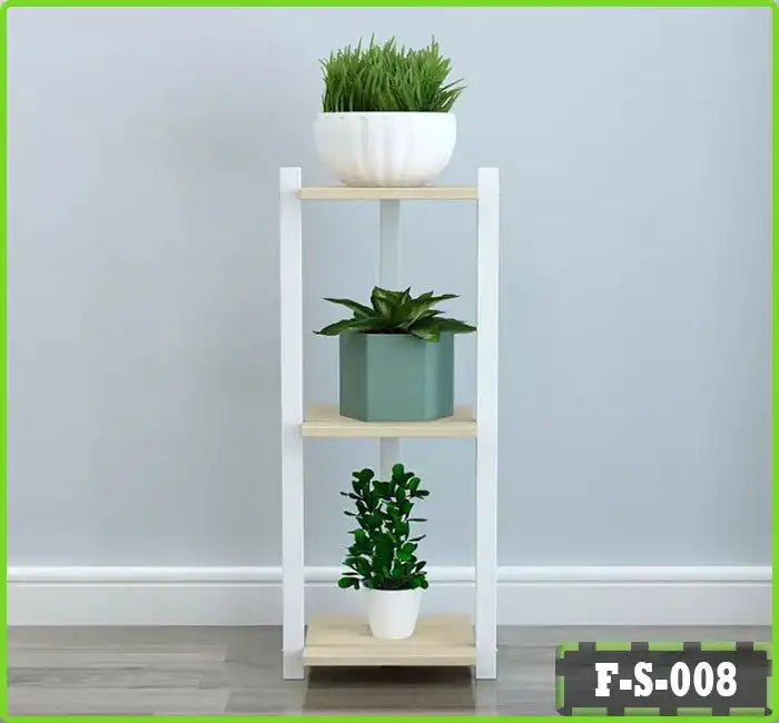 Three-tier wooden flower rack with potted plants for living room decor against grey wall