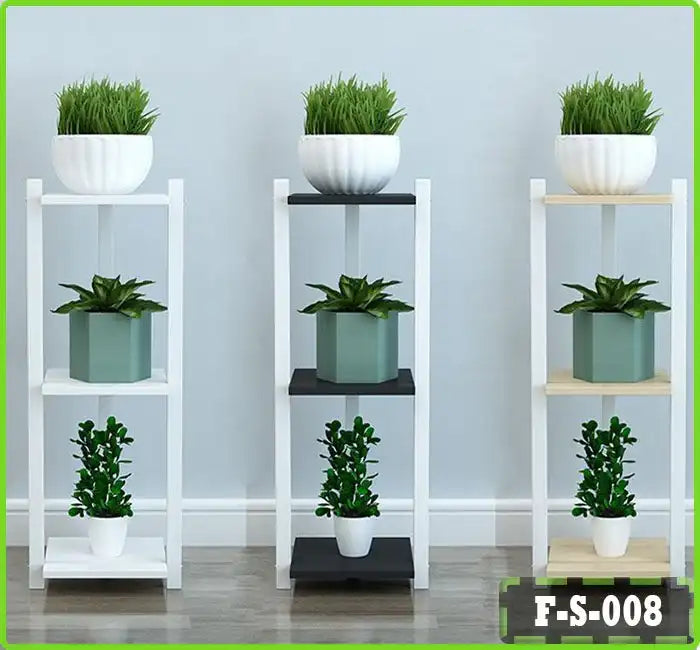 Modern three-tier plant racks with potted plants against a light wall, indoor decor display