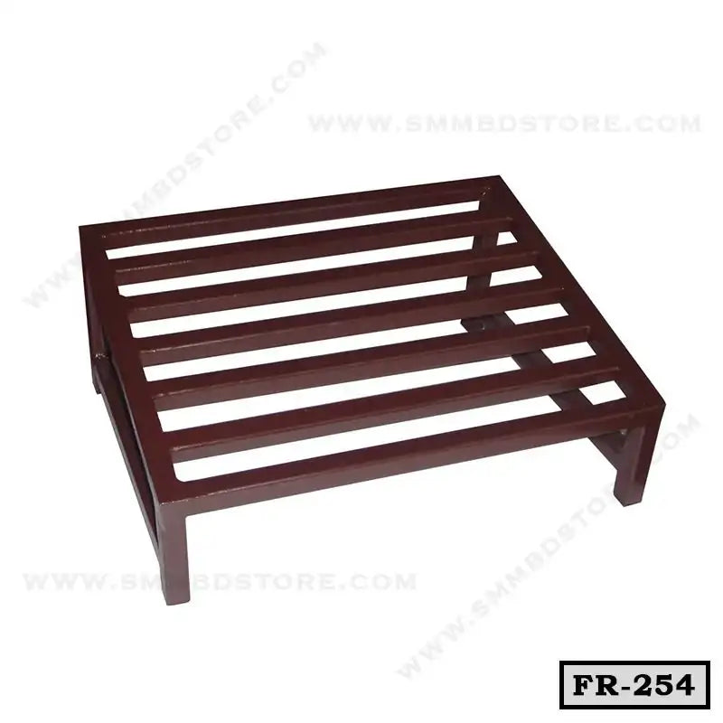 Brown metal foot rest with open slatted design, suitable for office or home furniture