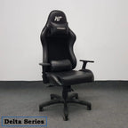 Black ergonomic gaming chair with headrest and lumbar support, Delta Series, on office carpet