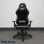 Ergonomic black Delta Series gaming chair with adjustable armrests on a carpeted floor