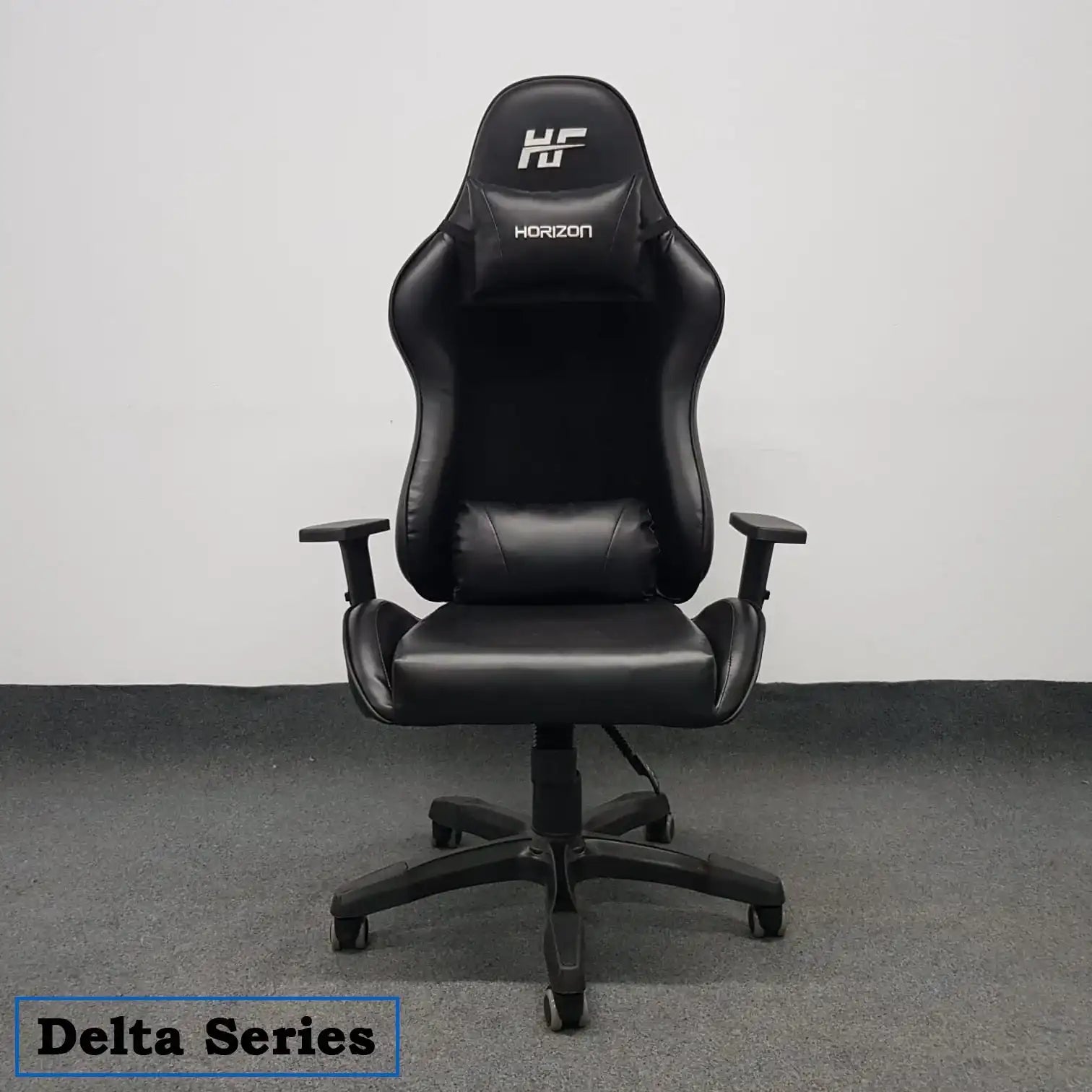 Ergonomic black Delta Series gaming chair with adjustable armrests on a carpeted floor