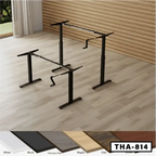 Hand crank height adjustable desk frames in black, with multiple tabletop color options shown.