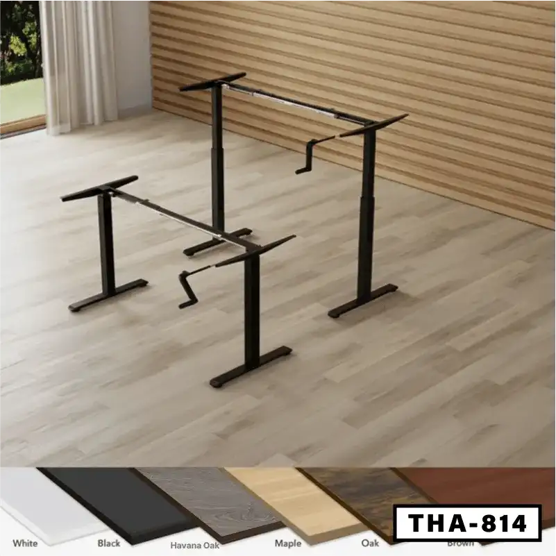 Hand crank height adjustable desk frames in black, with multiple tabletop color options shown.