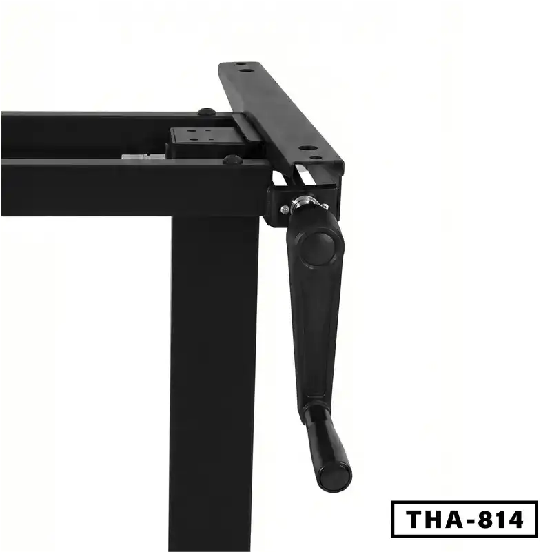 Hand crank height adjustable desk frame in black, close-up of adjustment handle