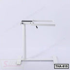 White height adjustable office table frame with sturdy base and handle, minimalist design