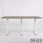 Height adjustable conference table with wood top and white metal legs on plain background