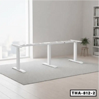 Height adjustable white conference table frame in modern office setting on grey rug