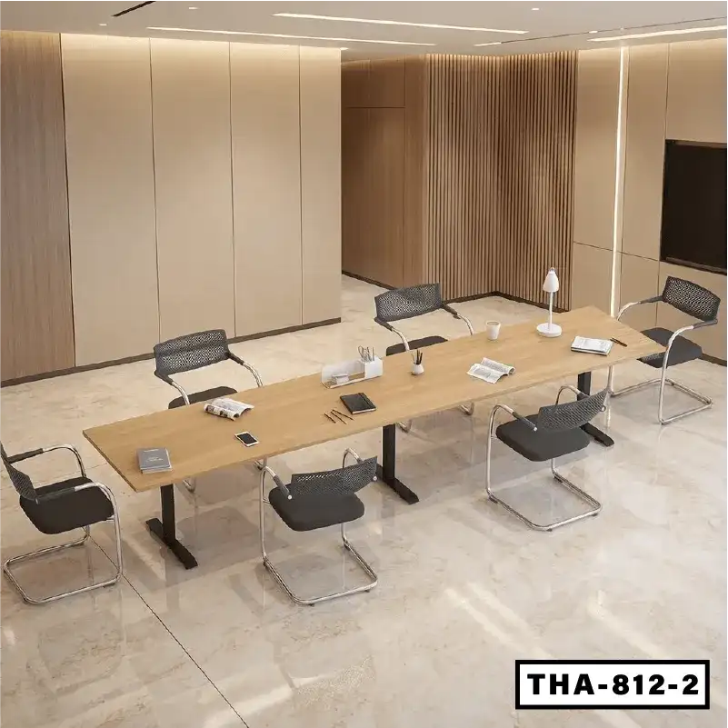 Modern height adjustable conference table with six chairs in a contemporary office setting