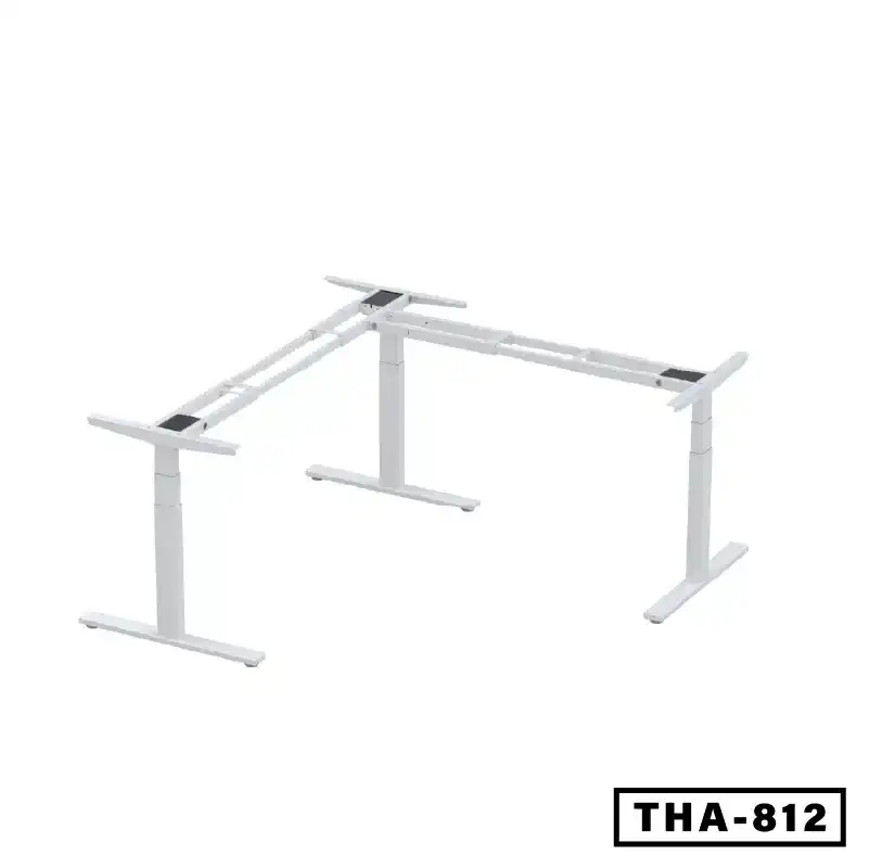 White height-adjustable L-shaped conference table frame with three legs, model THA-812