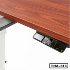 Height adjustable workstation desk with digital control panel and wood grain finish
