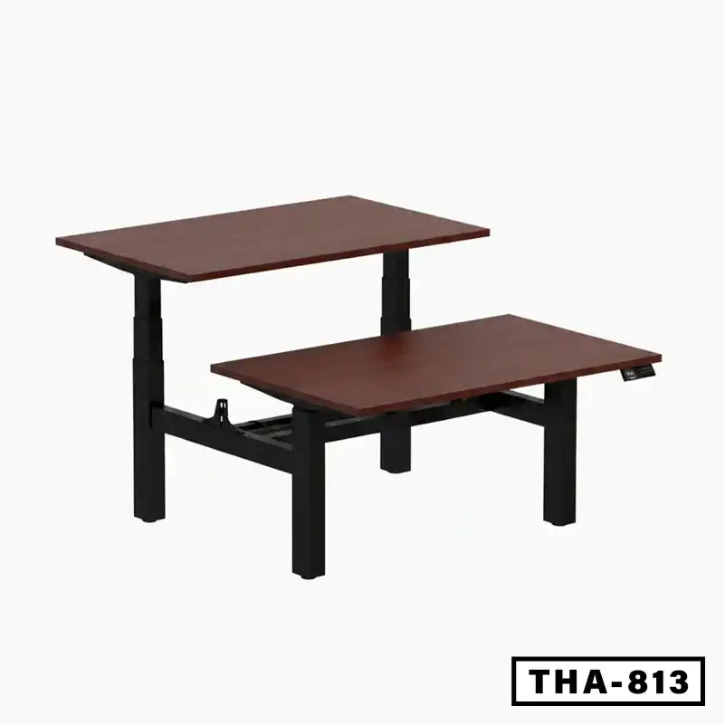 Height adjustable workstation desk with dual dark wood surfaces and black metal frame