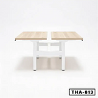 Height adjustable workstation desk with dual light wood tabletops and white frame, model THA-813